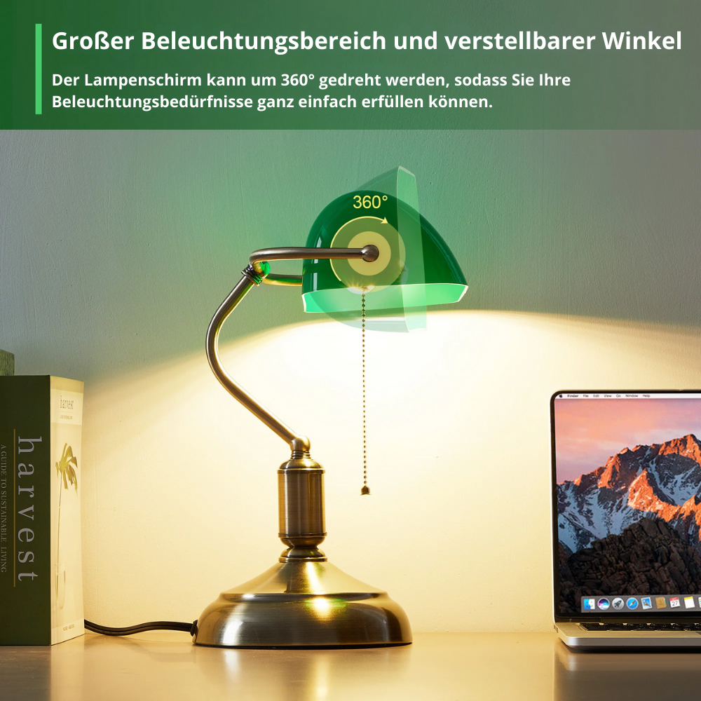 Bankerlampe Grün – Klassische Schreibtischlampe aus Glas & Messing | Retro Tischlampe für Büro, Home Office & Wohnzimmer