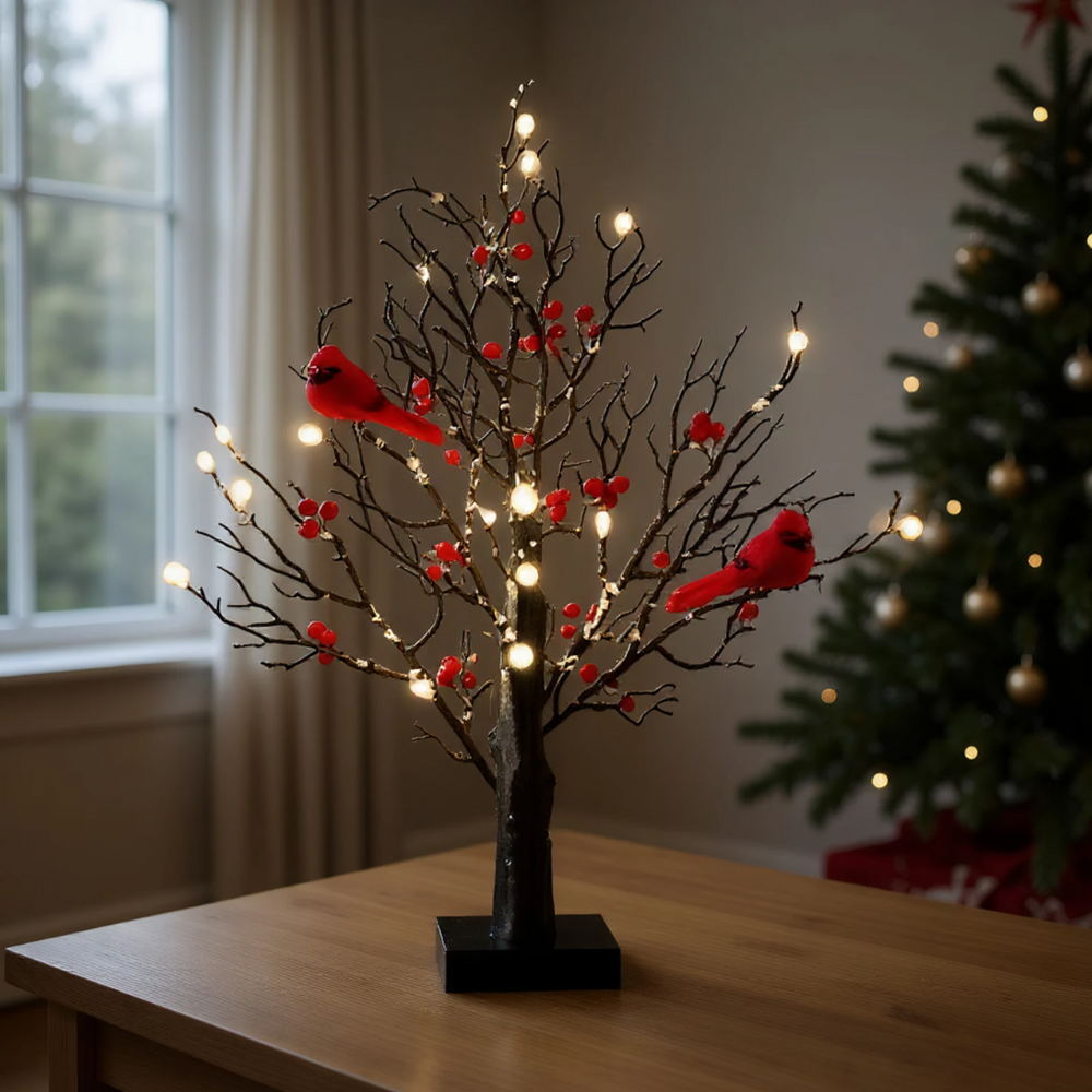 LED Weihnachts Deko Baum mit warmweißen Lichtern & roten Beeren – Winter Tischdeko mit Vögeln
