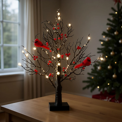 LED Weihnachts Deko Baum mit warmweißen Lichtern & roten Beeren – Winter Tischdeko mit Vögeln