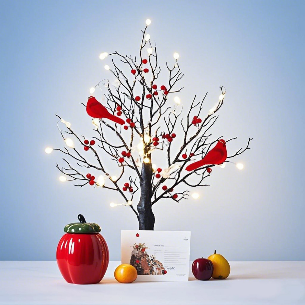 LED Weihnachts Deko Baum mit warmweißen Lichtern & roten Beeren – Winter Tischdeko mit Vögeln