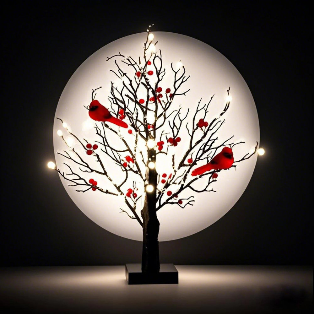 LED Weihnachts Deko Baum mit warmweißen Lichtern & roten Beeren – Winter Tischdeko mit Vögeln