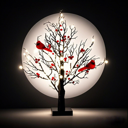 LED Weihnachts Deko Baum mit warmweißen Lichtern & roten Beeren – Winter Tischdeko mit Vögeln