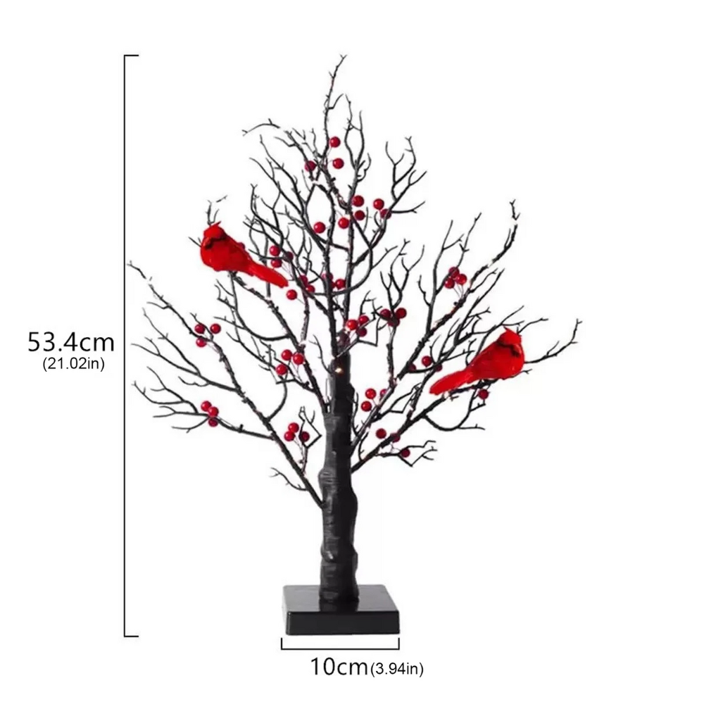 LED Weihnachts Deko Baum mit warmweißen Lichtern & roten Beeren – Winter Tischdeko mit Vögeln