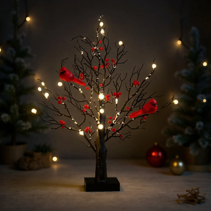 LED Weihnachts Deko Baum mit warmweißen Lichtern & roten Beeren – Winter Tischdeko mit Vögeln