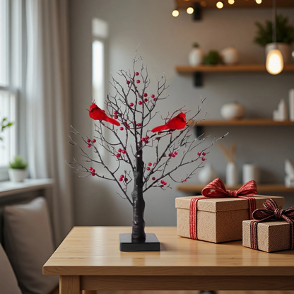 LED Weihnachts Deko Baum mit warmweißen Lichtern & roten Beeren – Winter Tischdeko mit Vögeln