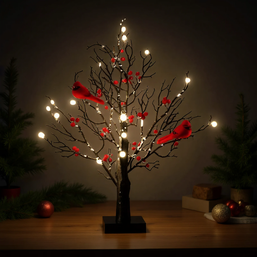 LED Weihnachts Deko Baum mit warmweißen Lichtern & roten Beeren – Winter Tischdeko mit Vögeln