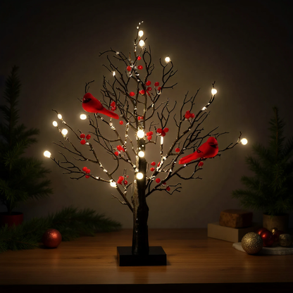 LED Weihnachts Deko Baum mit warmweißen Lichtern & roten Beeren – Winter Tischdeko mit Vögeln