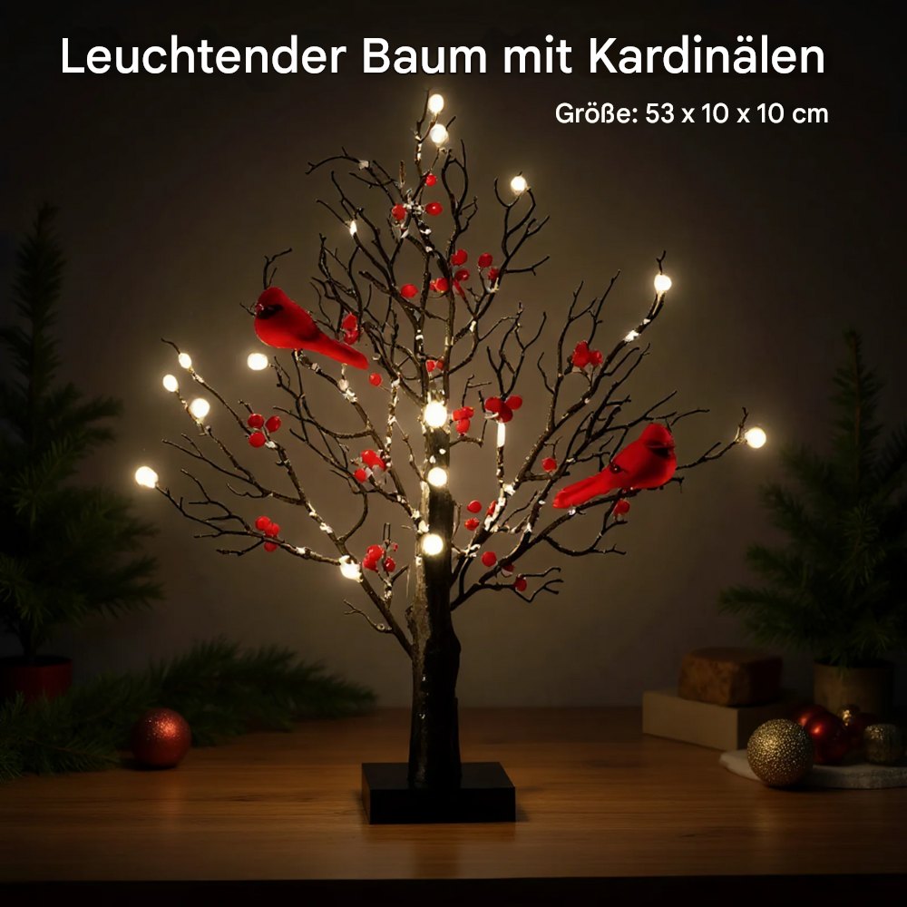 LED Weihnachts Deko Baum mit warmweißen Lichtern & roten Beeren – Winter Tischdeko mit Vögeln