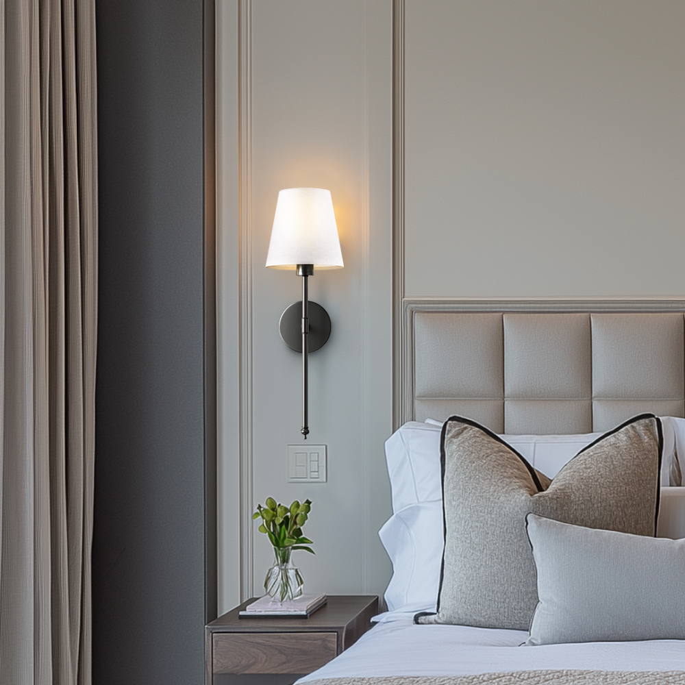 Moderne LED Wandleuchte mit Stoffschirm – Wandlampe für Wohnzimmer/Schlafzimmer – E27 – Warmweiß