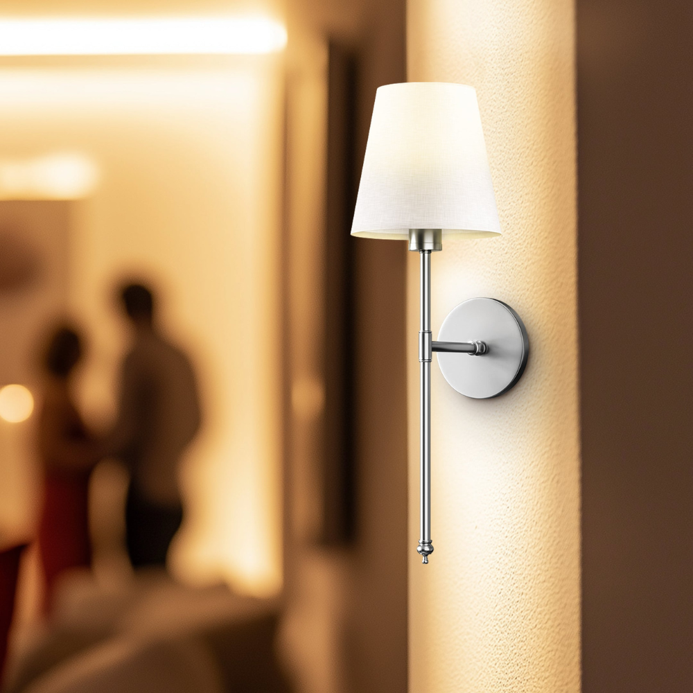 Moderne LED Wandleuchte mit Stoffschirm – Wandlampe für Wohnzimmer/Schlafzimmer – E27 – Warmweiß