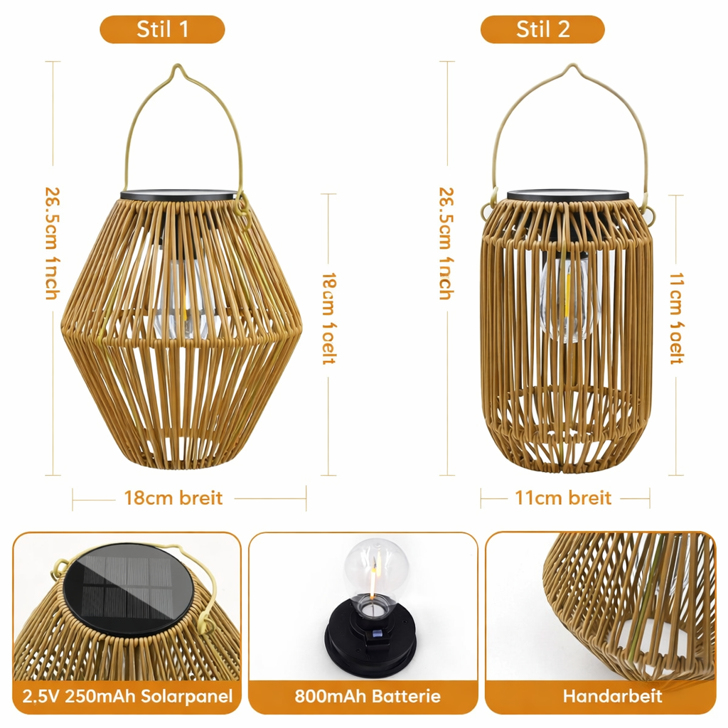 Solar Rattan Laterne – Wasserdichte LED Solarleuchte für Garten, Balkon & Terrasse im Boho-Design