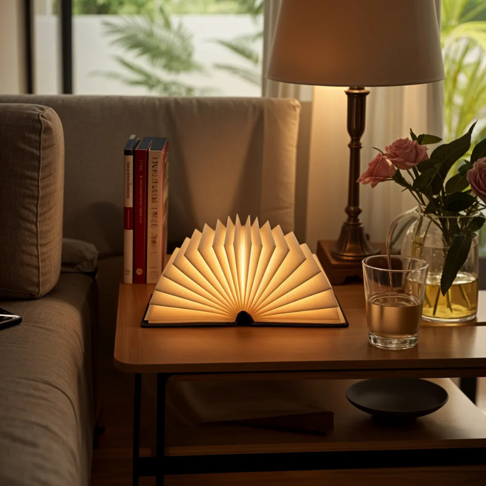LED Buchlampe aus Holz – Faltbare USB Buch Lampe, dimmbares Nachtlicht für Schlafzimmer, Nachttisch & Geschenkidee