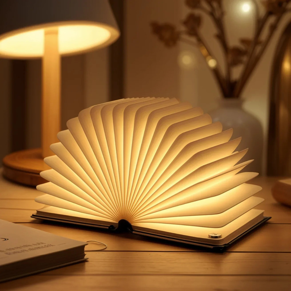 LED Buchlampe aus Holz – Faltbare USB Buch Lampe, dimmbares Nachtlicht für Schlafzimmer, Nachttisch & Geschenkidee