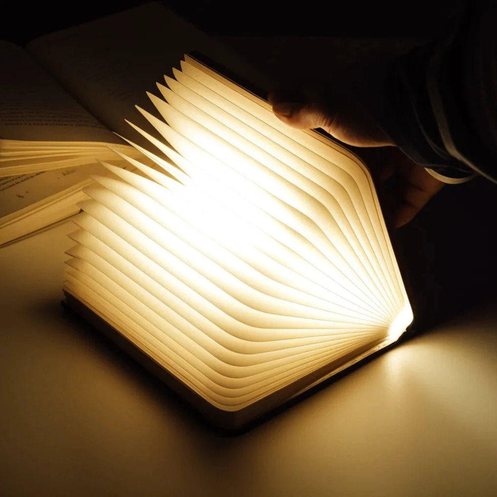LED Buchlampe aus Holz – Faltbare USB Buch Lampe, dimmbares Nachtlicht für Schlafzimmer, Nachttisch & Geschenkidee