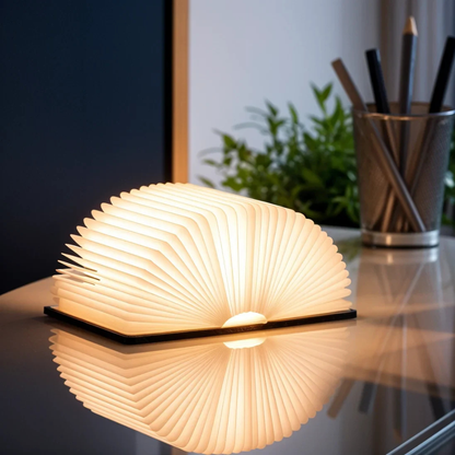 LED Buchlampe aus Holz – Faltbare USB Buch Lampe, dimmbares Nachtlicht für Schlafzimmer, Nachttisch & Geschenkidee
