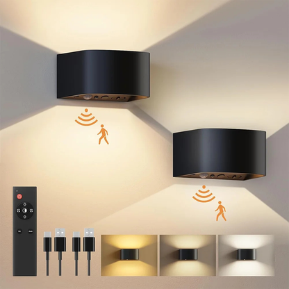 Kabellose LED Wandleuchte mit Bewegungsmelder – Wiederaufladbare Wandlampe Innen, 3 Lichtfarben, Fernbedienung, Nachtlicht für Flur, Treppe & Schlafzimmer (2er-Set)