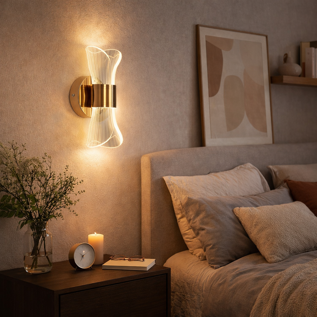 Design LED Wandleuchte Gold – Moderne Wandlampe mit Glas, Warmweißes Licht für Wohnzimmer & Schlafzimmer