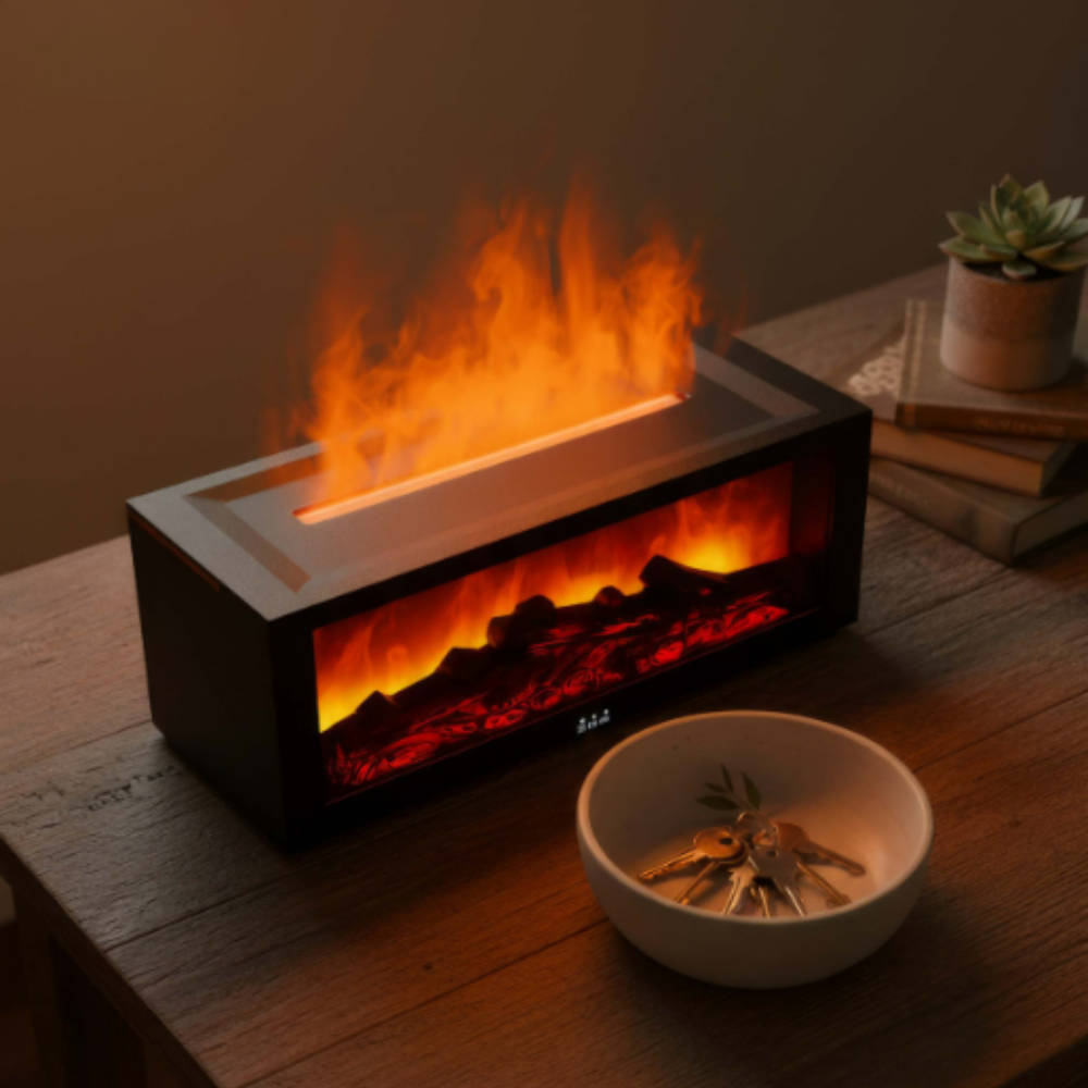 Mini Elektrokamin mit realistischem Flammeneffekt – Deko Tischkamin mit LED & Wasserdampf | Schwarz & Weiß erhältlich