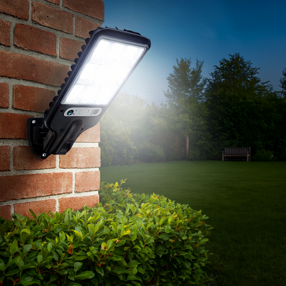 Solar LED Außenlampe mit Bewegungsmelder – Solarstrahler IP65, Außenwandleuchte mit Fernbedienung, Gartenbeleuchtung für Terrasse, Einfahrt & Hof
