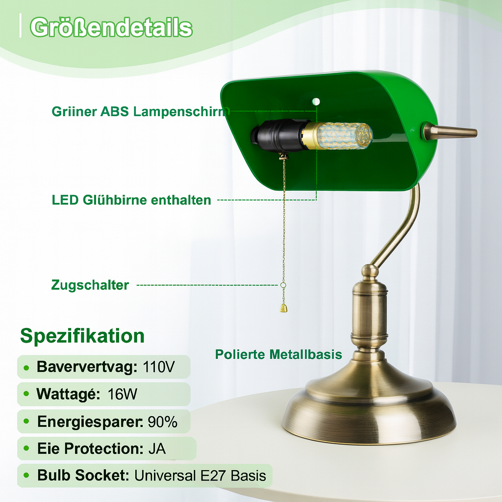 Bankerlampe Grün – Klassische Schreibtischlampe aus Glas & Messing | Retro Tischlampe für Büro, Home Office & Wohnzimmer