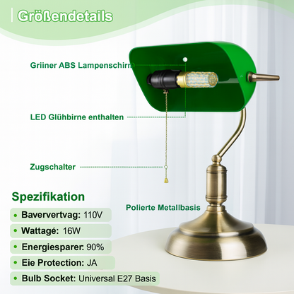 Bankerlampe Grün – Klassische Schreibtischlampe aus Glas & Messing | Retro Tischlampe für Büro, Home Office & Wohnzimmer