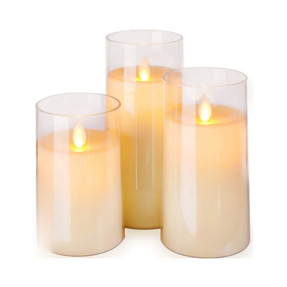 LED Kerzen Set im Glas – 3 Varianten | Flackernde Flamme, Warmweiß, Realistischer Kerzeneffekt, Dekolicht für Wohnzimmer & Tischdeko