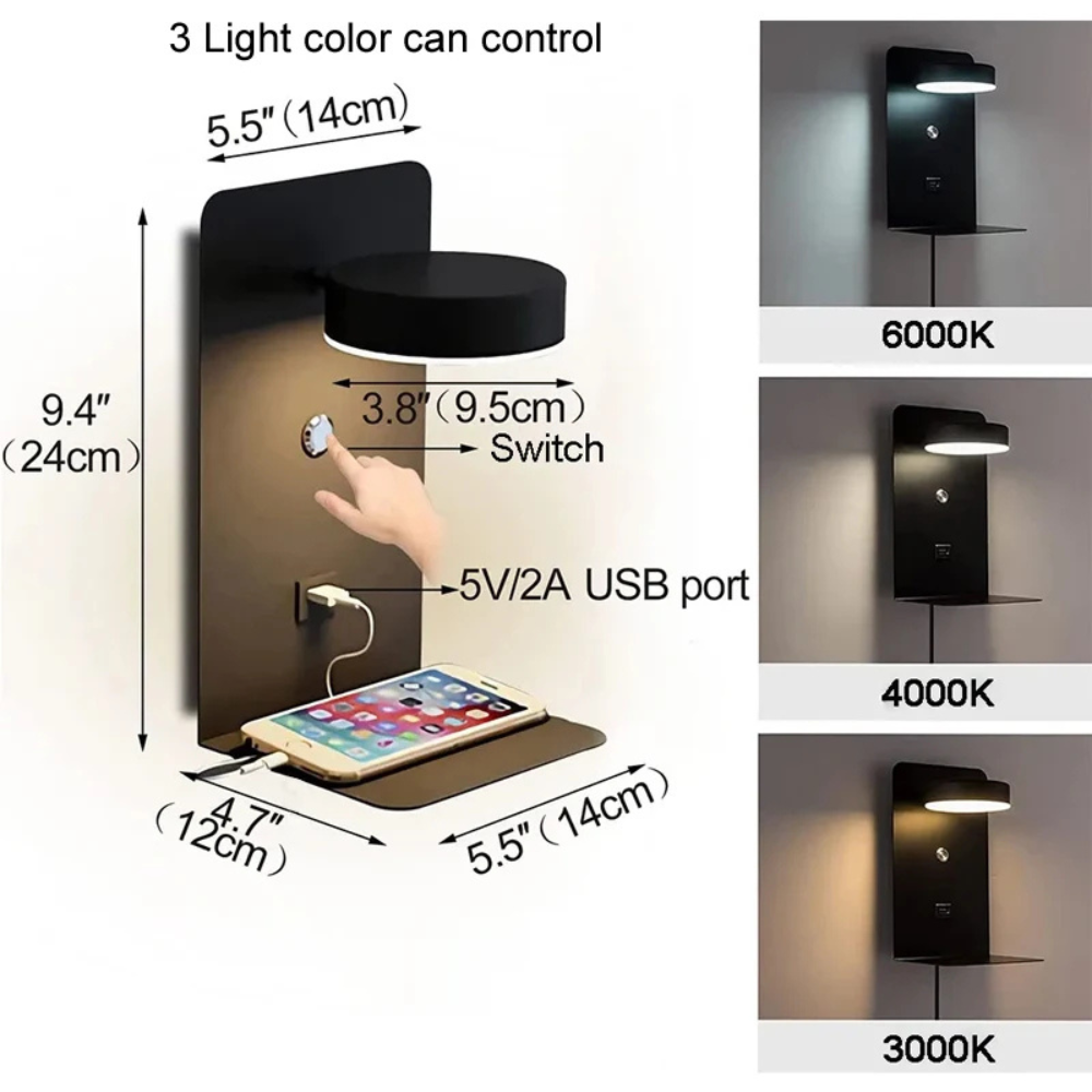 LED Wandleuchte mit USB-Port & Ablage – 3 Farbtemperaturen, Touch-Schalter, moderne Wandlampe fürs Schlafzimmer