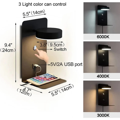 LED Wandleuchte mit USB-Port & Ablage – 3 Farbtemperaturen, Touch-Schalter, moderne Wandlampe fürs Schlafzimmer