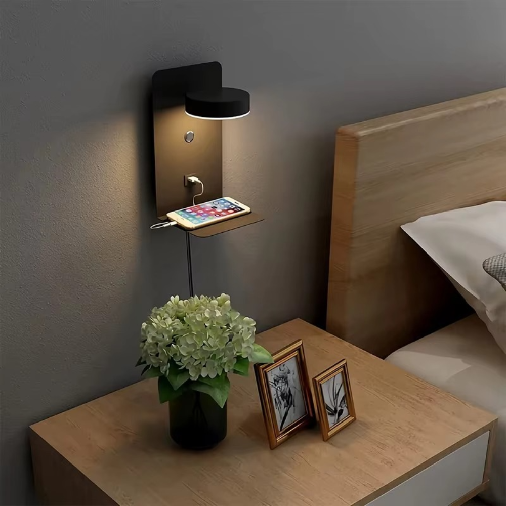 LED Wandleuchte mit USB-Port & Ablage – 3 Farbtemperaturen, Touch-Schalter, moderne Wandlampe fürs Schlafzimmer