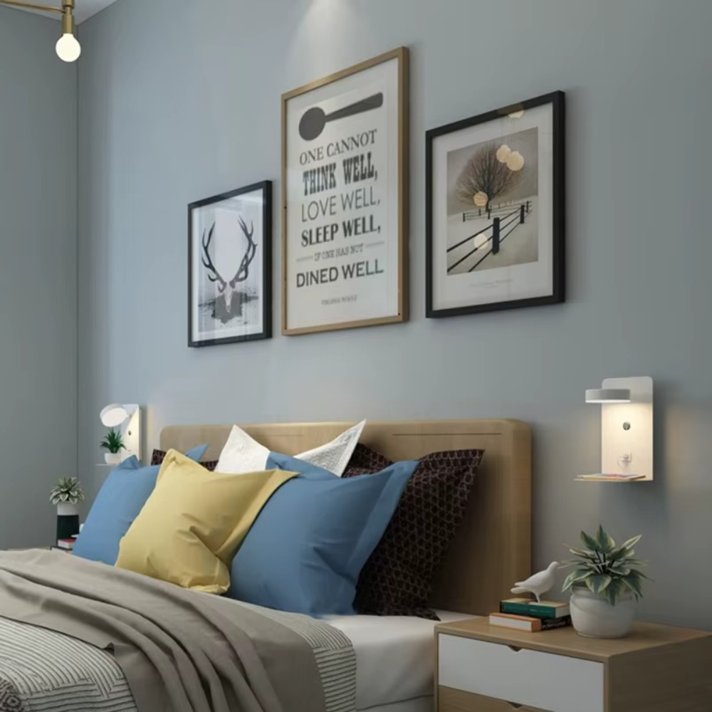 LED Wandleuchte mit USB-Port & Ablage – 3 Farbtemperaturen, Touch-Schalter, moderne Wandlampe fürs Schlafzimmer