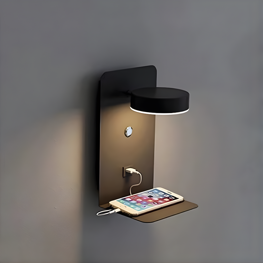 LED Wandleuchte mit USB-Port & Ablage – 3 Farbtemperaturen, Touch-Schalter, moderne Wandlampe fürs Schlafzimmer