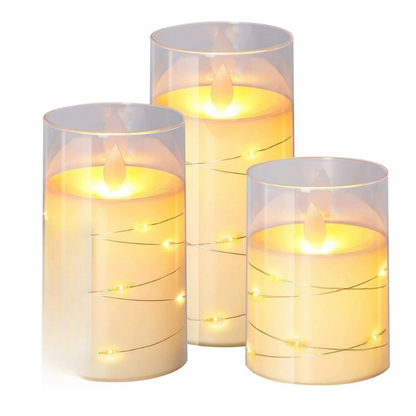 LED Kerzen Set im Glas – 3 Varianten | Flackernde Flamme, Warmweiß, Realistischer Kerzeneffekt, Dekolicht für Wohnzimmer & Tischdeko
